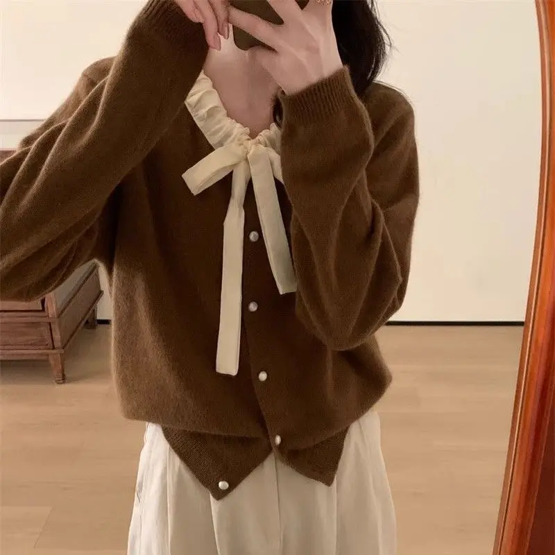 Korean Sweet Drawstring Bow Sweaters Autumn Winter Stylish Folds Spliced Women\'s Clothing Solid Color Basic Knitted Cardigan New