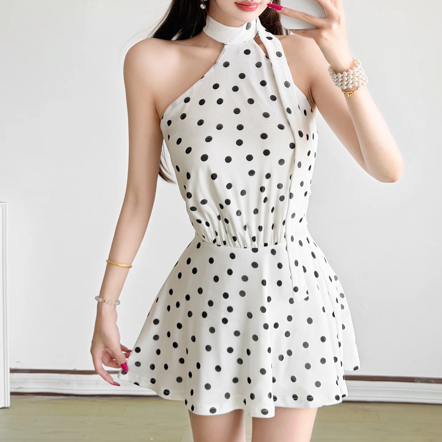 

2026 Polka Dot Halter Lace-up Backless Sleeveless Fashion Outfits Sheath Women Dresses Holiday Elegant Female Trendy Sexy Club
