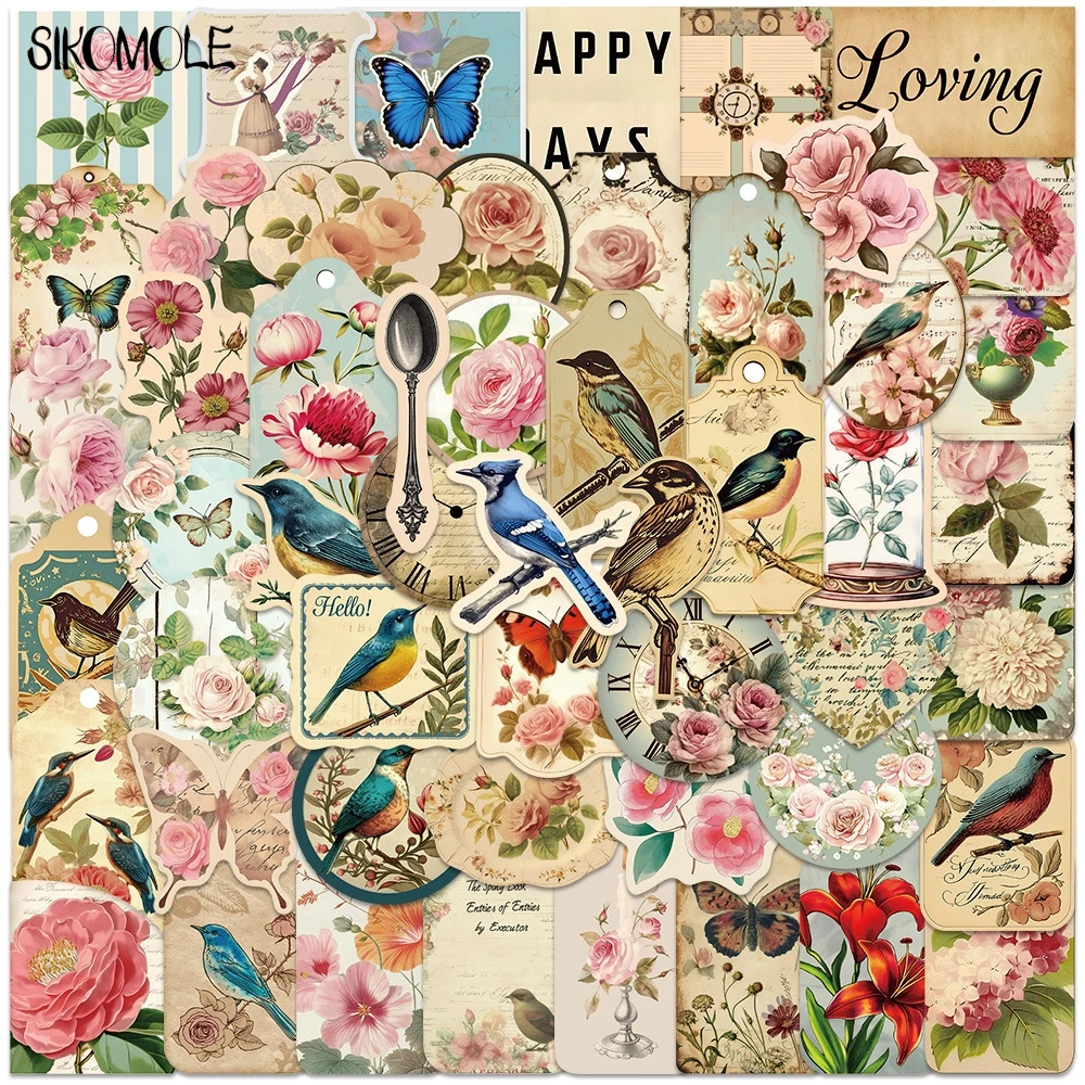 10/30/50PCS Vintage Flower Bird Stickers Aesthetic Decals DIY Laptop Guitar Skateboard Waterproof Car Graffiti Sticker Kids Gift