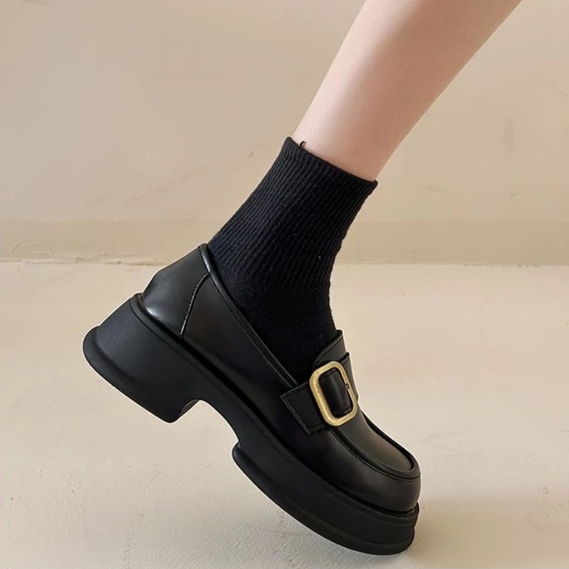 

Women's Height Increasing Chunky Sole Loafers Mary Jane Slip On 2025 New British Style Korean Leather Shoes