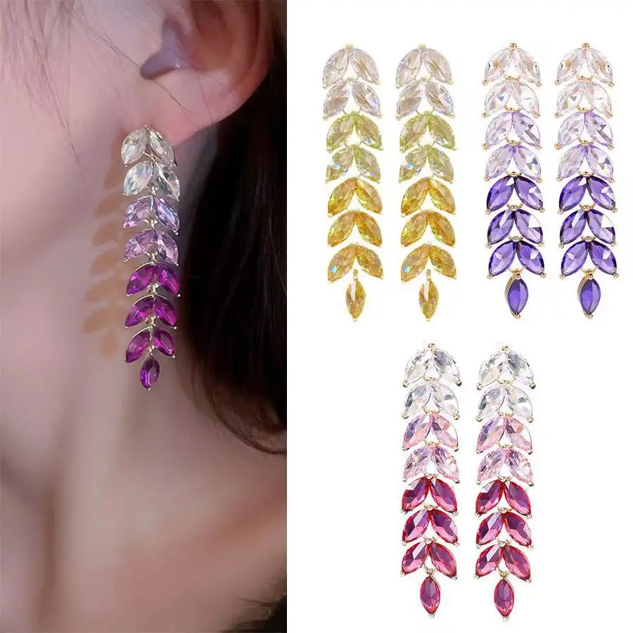 ZAKOL Gradient Purple Wheat Earrings Shiny Leaf Colorful Zircon Long Drop Earring Luxury Jewelry Gifts