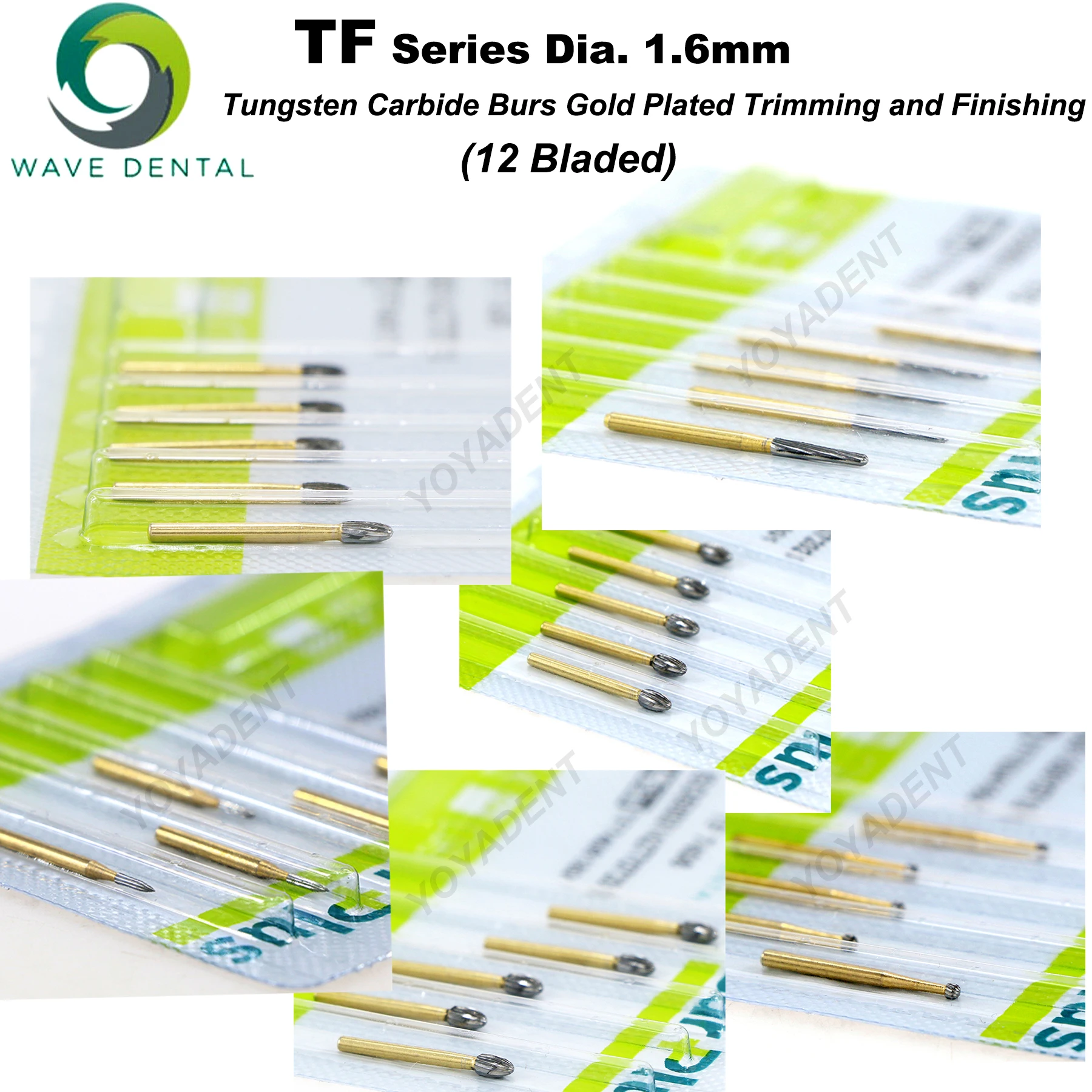 WAVE Dental Bur Tungsten Carbide Bur TF Trimming and Finishing Bur 12 Bladed Gold Plated For High Speed Handpiece 5pcs/Pack