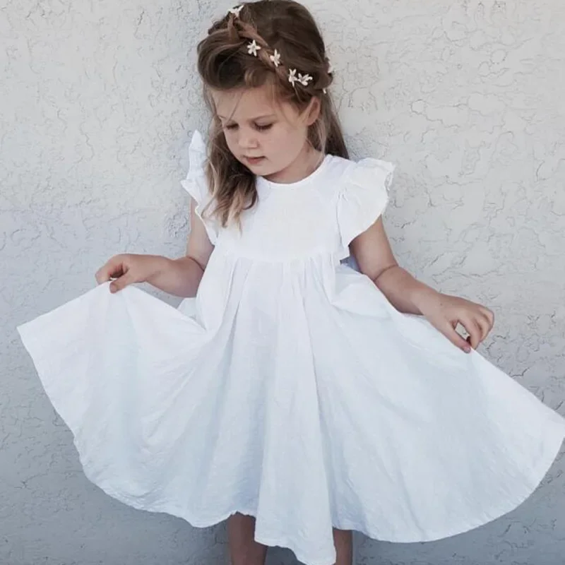 Vestido de lino y algodón con cuello redondo y cordones para niñas pequeñas, ropa informal de princesa, manga voladora sólida, novedad de verano