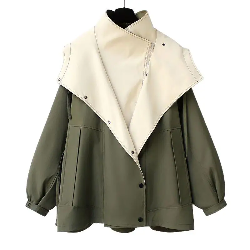 

Women's Loose Fit Hooded Zipper Splice Windbreaker Coat Spring Autumn New Arrival Faion Outerwear Long Sve PU Material
