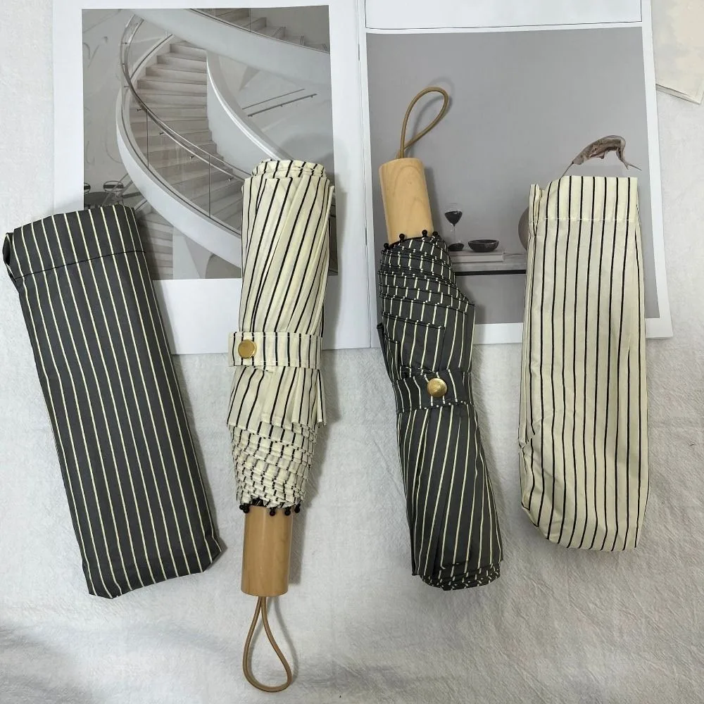 INS Striped Folding Umbrella Sun Rain Dual-Use Rainproof Mini Sunshade Umbrella Lightweight Compact Hand Operated Parasol