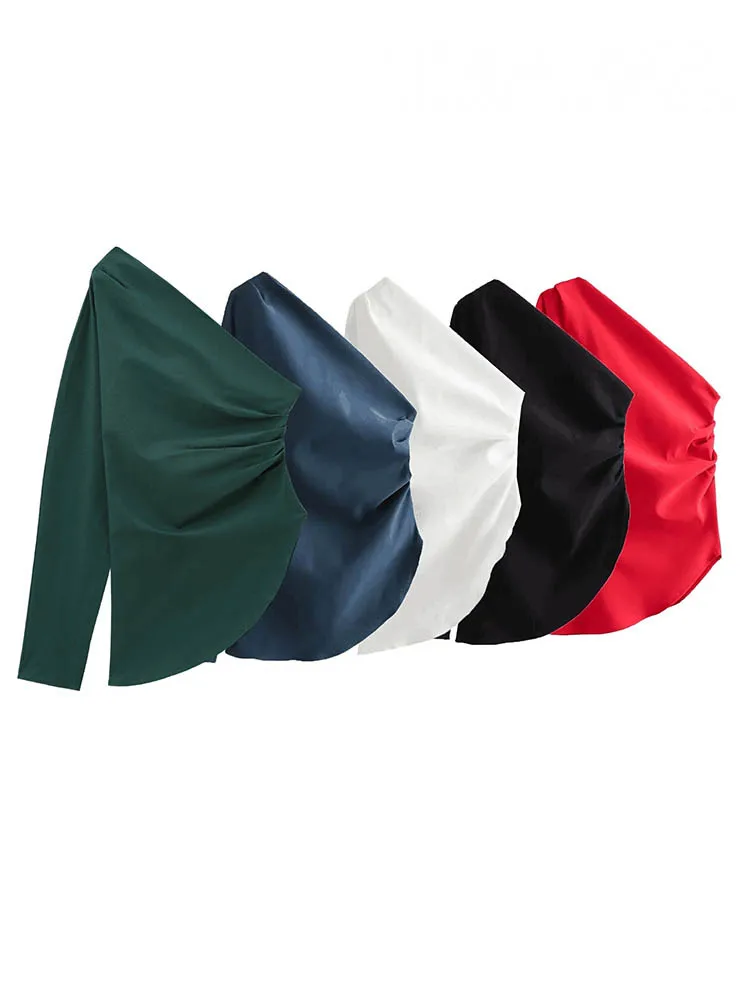 

HH Autumn Women Solid 5-Color Folds Asymmetrical One-Shoulder Tops Fashion Female Casual Design Sense Pleated Decoration Top