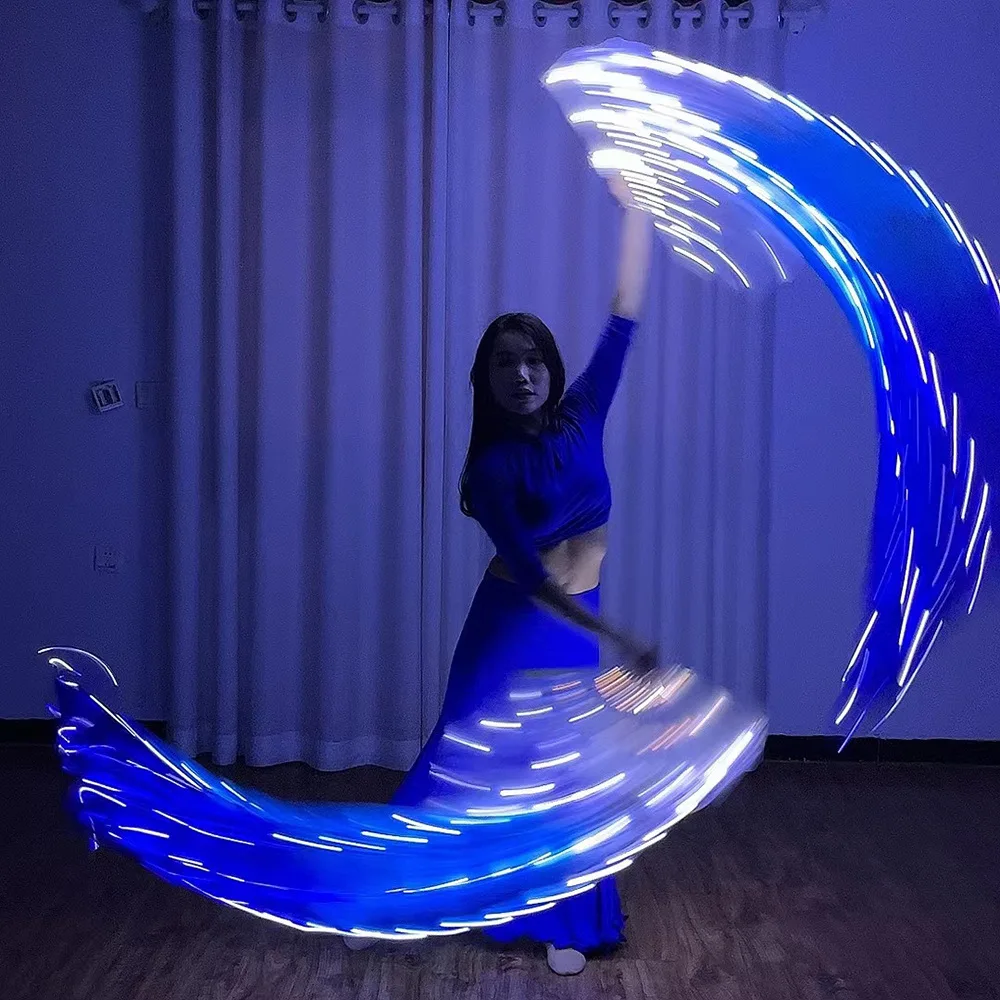 Ruoru One Pairs 100% Silk Belly Dance Fan Veil Gradient White Blue Led Long Fans Performance Props Belly Dance Chinese Dance