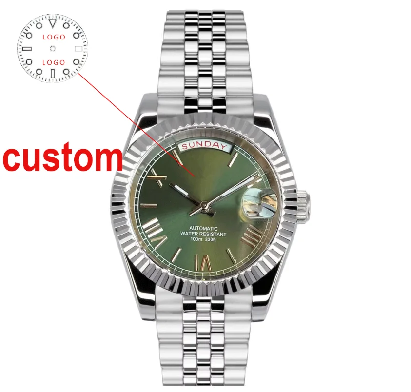 

custom New Classics Day Date Olive Green Dial Sapphire Glass 200m Waterproof Japan NH36A Automatic Mechanical watches For Men