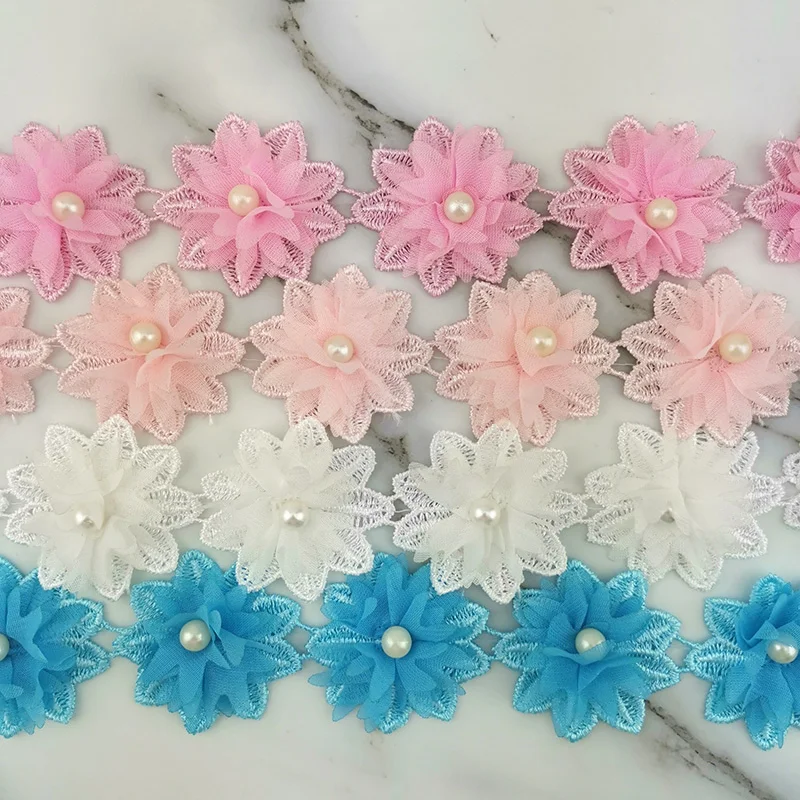 17 Flowers/roll 5cm Width 4 Colors Lace Fabric Chiffon Flowers Home Decoration Clothing Accessories Handmade DIY Crafts Lace