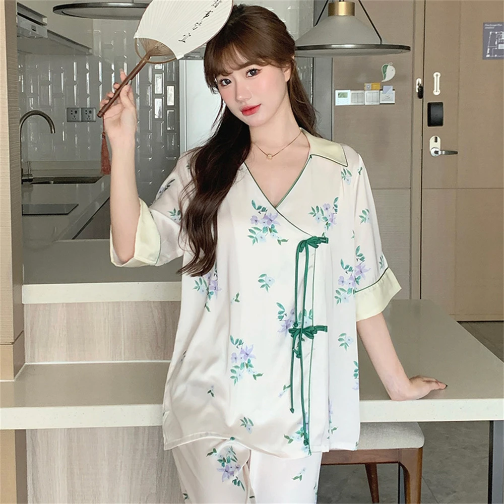 Women's Summer New Ice Silk Short Sleeves Pants Sleepwear Set Sweet Cute V-neck Pajamas Suit Chinese Style Retro Thin Homewear