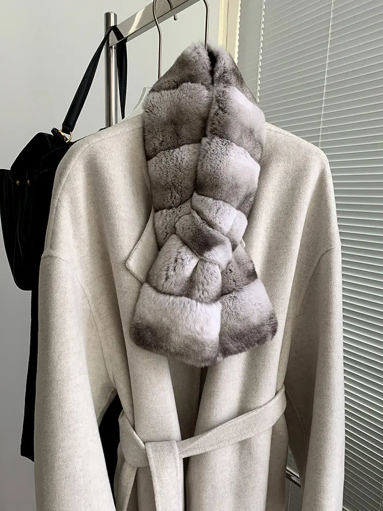 Real Rex Rabbit Fur Scarf for Women Chinchilla Color Cross Pattern Warm And Stylish Neck Warmer Soft Winter Collar