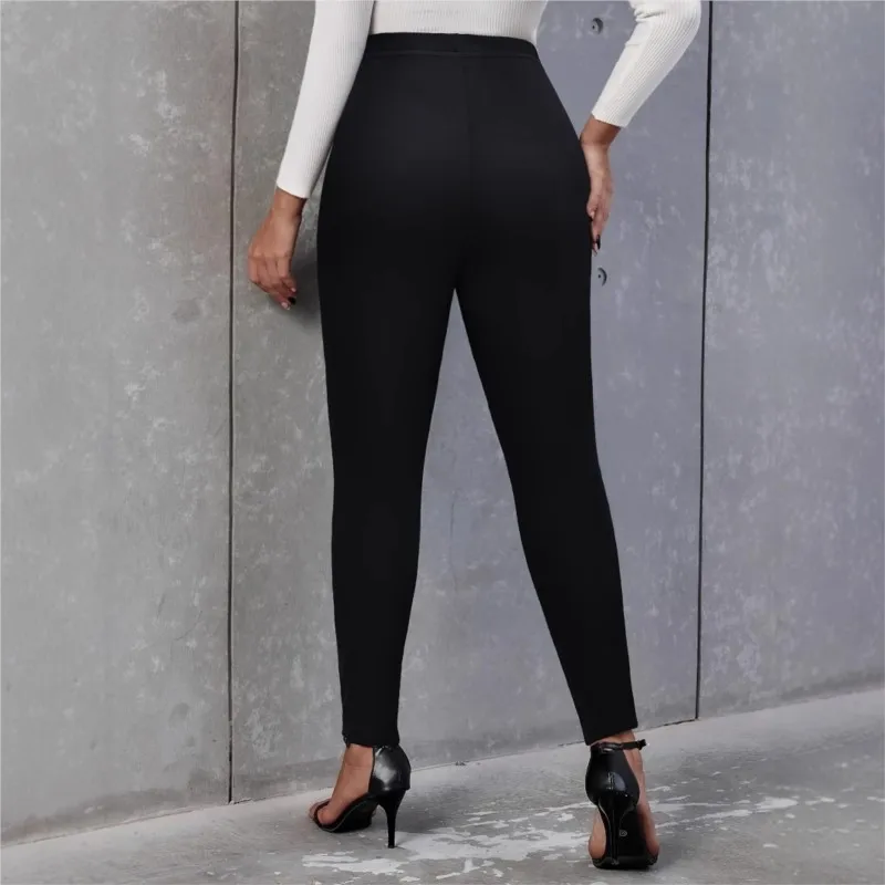 Black Casual Ladies Tight Pants Fashionable Double Breasted Buckle Decoration Elastic Waist Versatile Solid Color Pants New Item