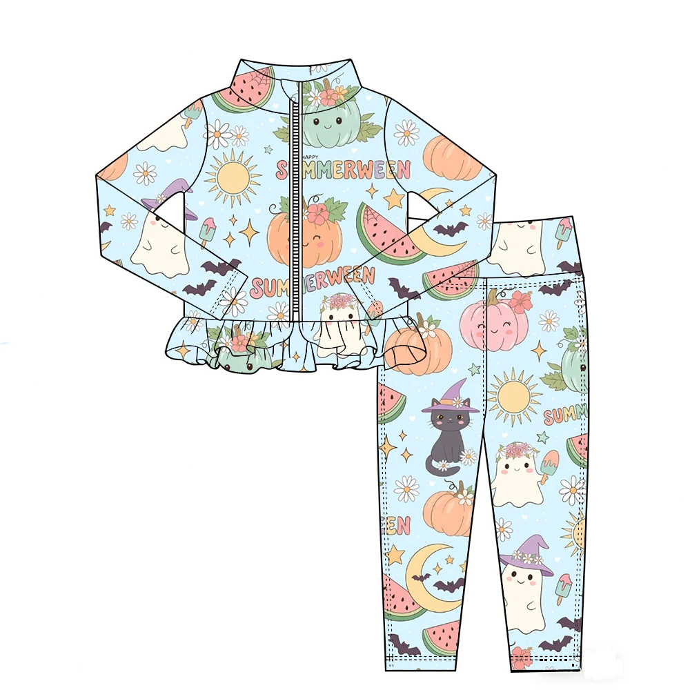 Boutique Hot-Selling Girls' Outfit Long-Sleeved and Long-Legged with Ruffled Zipper and Halloween Pumpkin Ghost Print Custom