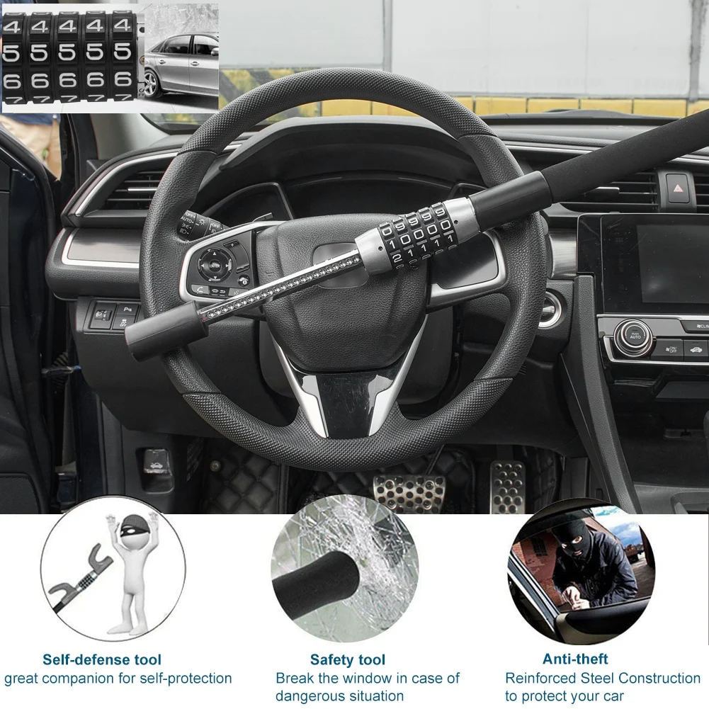 Steering Wheel Lock Password Car Security Anti-Theft Device Lock with 5 Digit Combination Extendable Double Hook