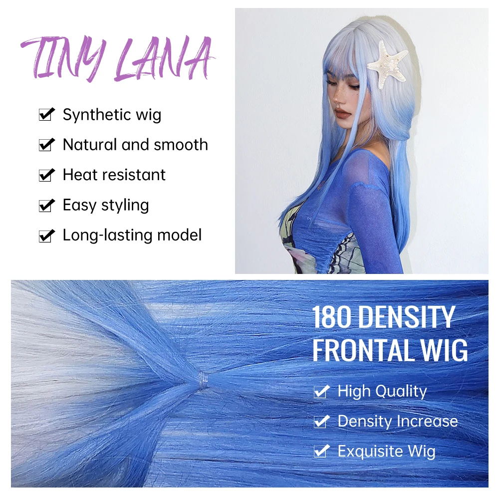 White Blue Ombre Long Synthetic Wigs with Bangs Colorful Cosplay Blue Straight Lolita Wig for Women Heat Resistant Natural Hair