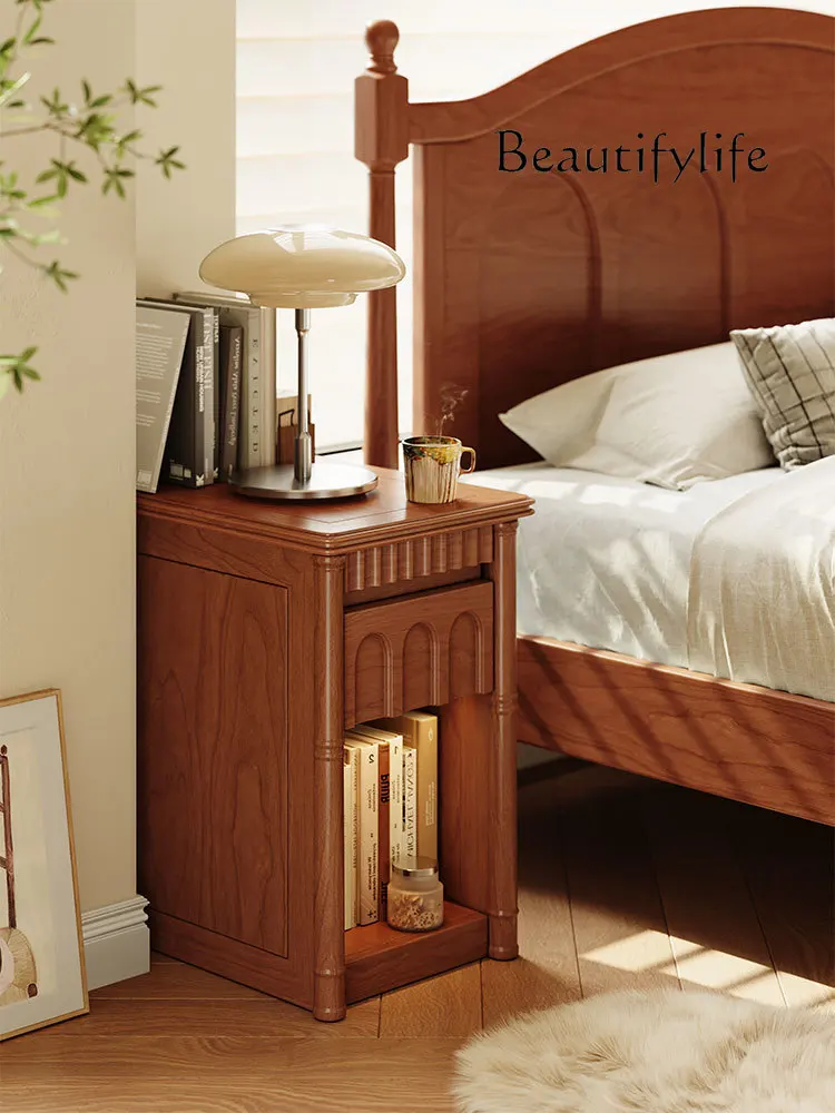 Retro Solid Wood Bedside Ultra Narrow American Small Size Bedside Cabinet Small Mini Cherrywood Side Cabinet