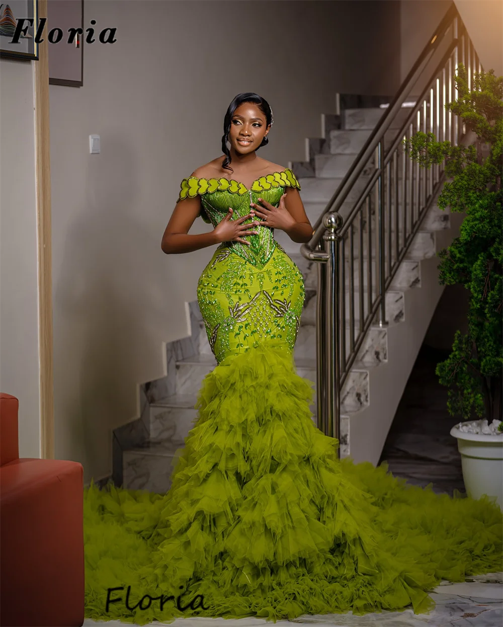 Afrikanische Grün Off Schulter Perlen Abendkleider Aso Ebi Tiered Rock Engagement Party Kleid Vestidos De Cóctel Angepasst