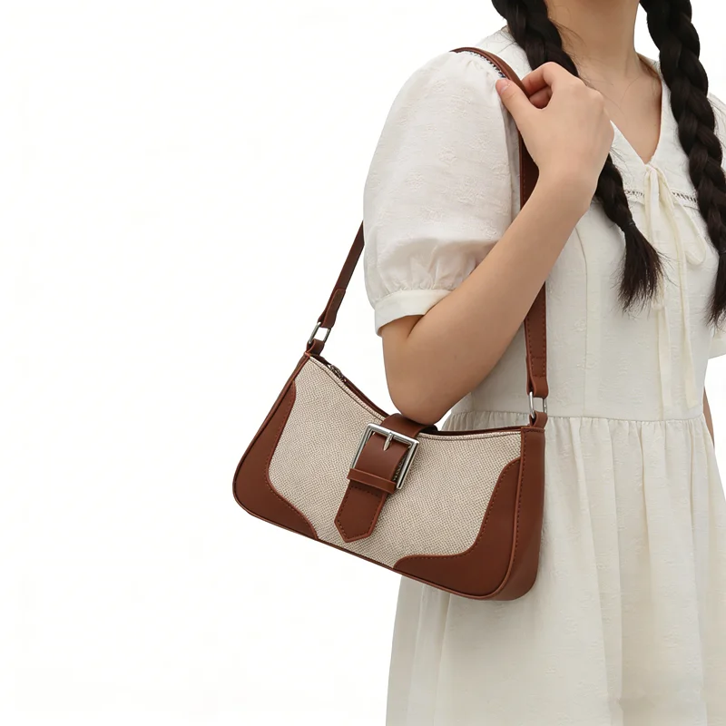 

Retro Charm Sophisticated Buckle Shoulder Bag Fashion Underarm Small Square Bag Textured Woven Canvas with Leather Trim Tote Bag