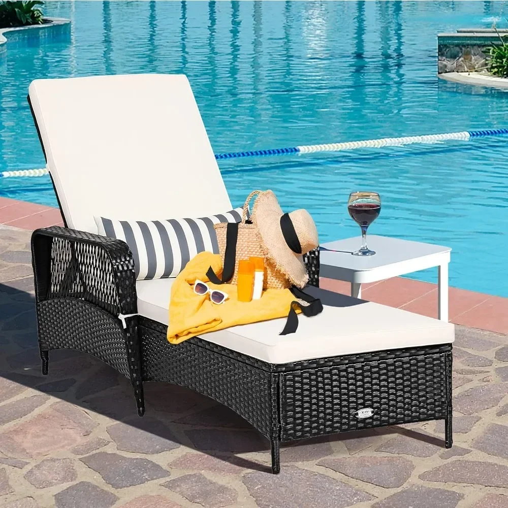 

Beach Chairs, Outdoor Rattan Reclining Chaise Backrest, Thick Padded Cushion & Removable Lumbar Pillow, Outdoor Beach Chairs