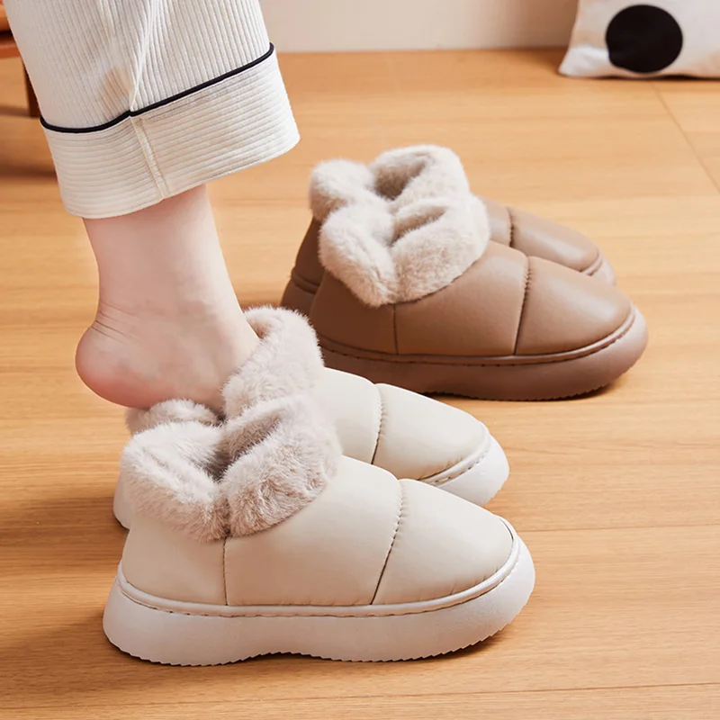 Waterproof Non-Slip Snow Boots Women Faux Fur Soft Sole Plush Ankle Boots Woman Pu Leatherflat Heel Warm Cotton-Padded Shoes