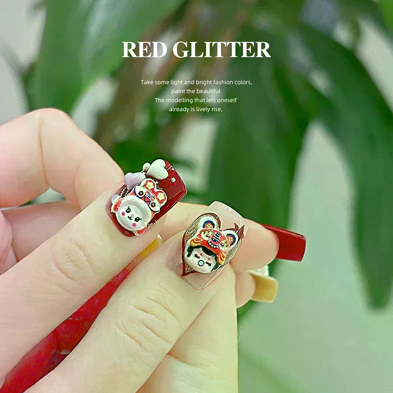 20PCS New Year Cute Lion Dance Nail Art Decor Stereoscopic Mixed Loading Decoration Nail Patches