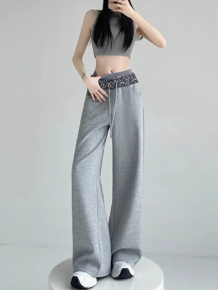 Womens Sequin High Waist Wide Leg Joggers Summer Thin Loose Drape Casual Sport Pants