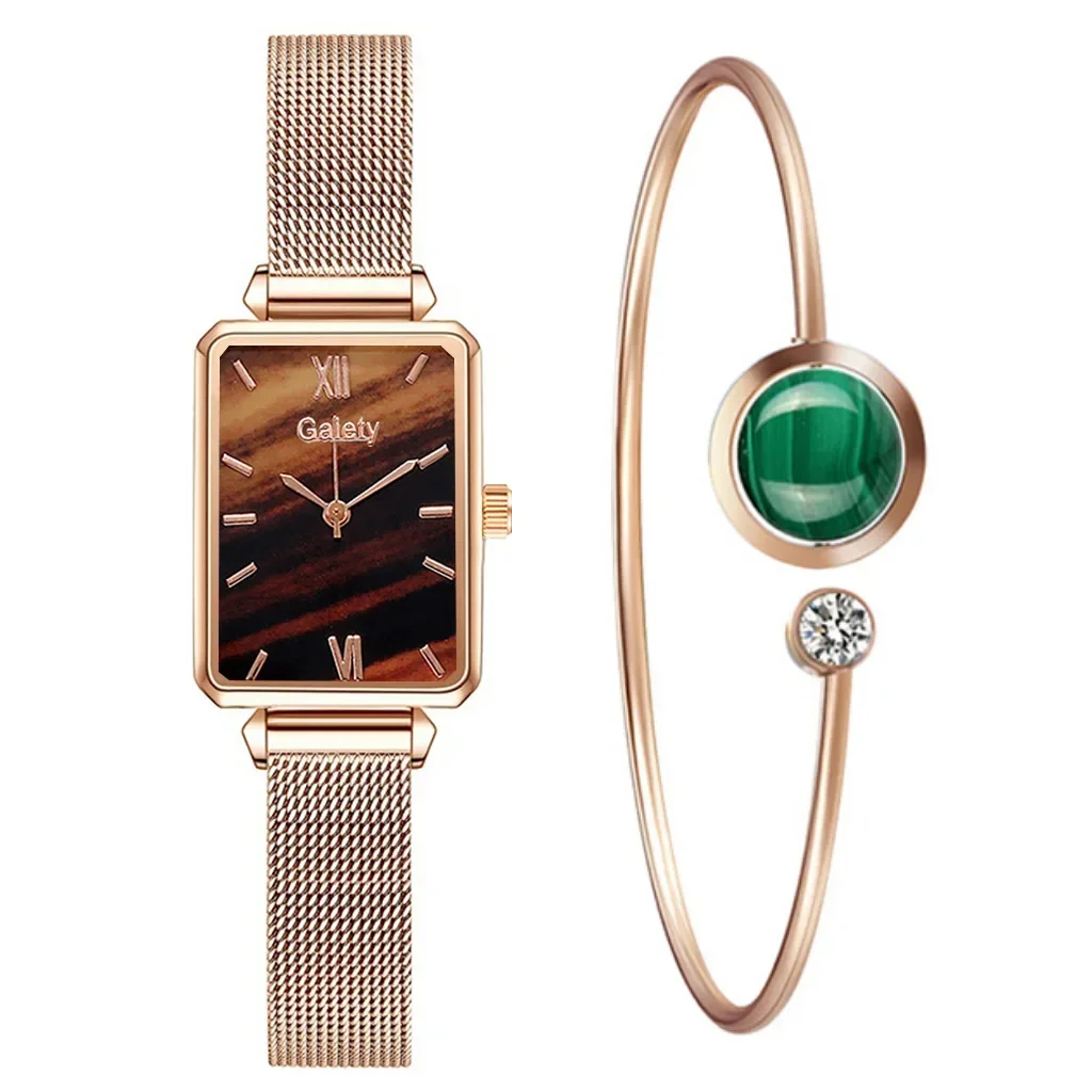 Montre à Quartz de Luxe pour Femme, Ensemble de 2 Pièces, Bracelet, Cadran Vert, Simple, Or Rose, Maille, Livraison Directe