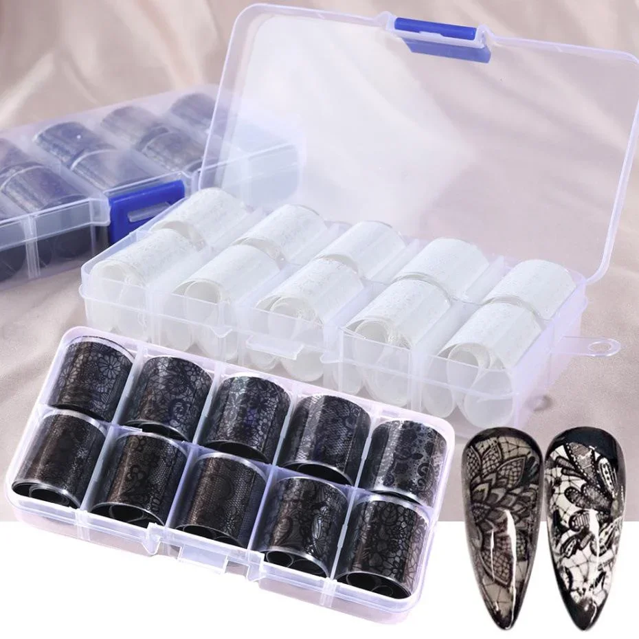 10pcs Lace Nail Foil Stickers Set Black White Transfer Decal Manicure  Adhesive Slider Decor