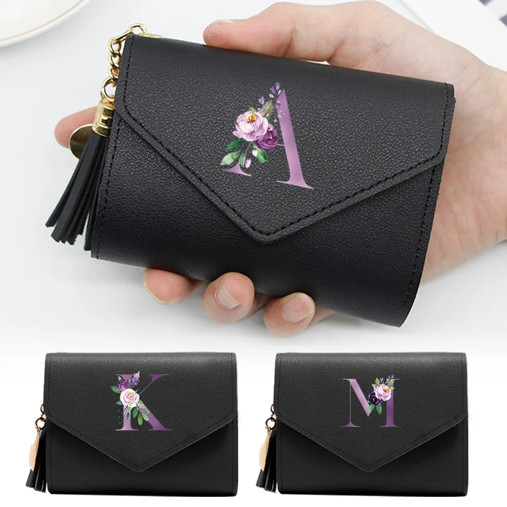 Wallet Women Rfid Blocking Small Compact Luxury Leather Pocket Wallet Ladies Mini Purse with ID Window Purple Letter Pattern