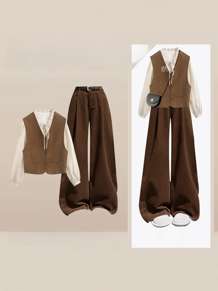 

Зимний винтажный коричневый комплект: жилет, брюки с высокой талией и широкими штанинами, женский модный повседневный ансамбль из двух предметов, стройнящий силуэт