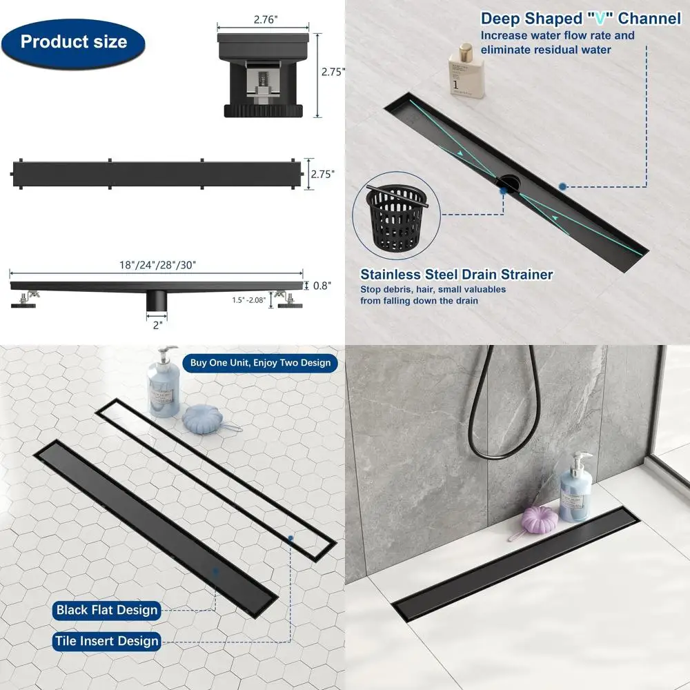 

24 Rectangular Shower Drain with Flat & Tile Insert, Adjustable Feet, Hair Catcher, Shiny Black