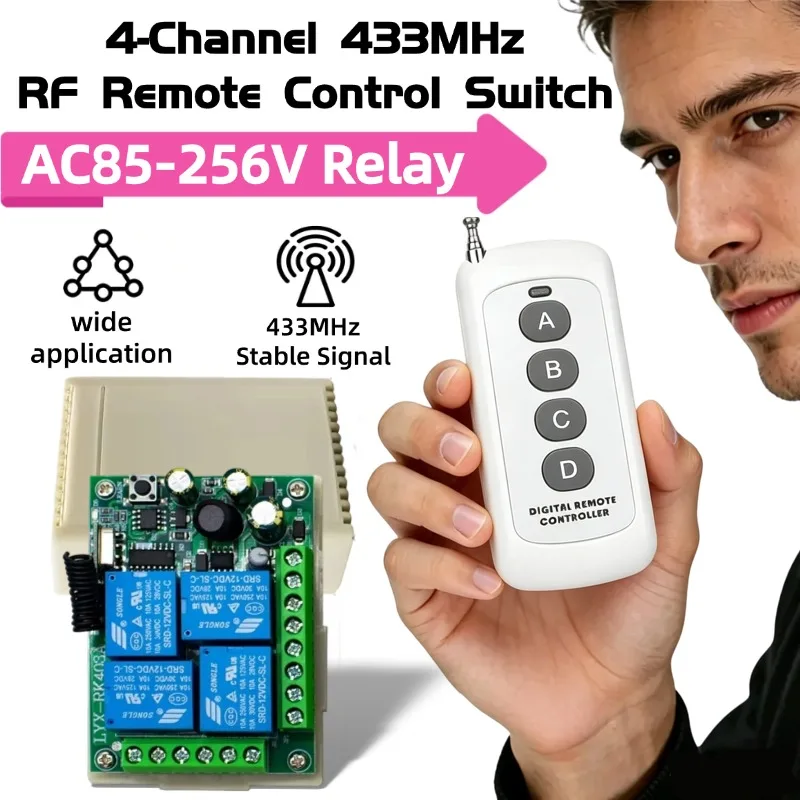 433Mhz Universal Wireless Remote Control Light Switch AC 220V 4CH RF Relay Receiver 60m Range for Light/Garage Door/LED DIY