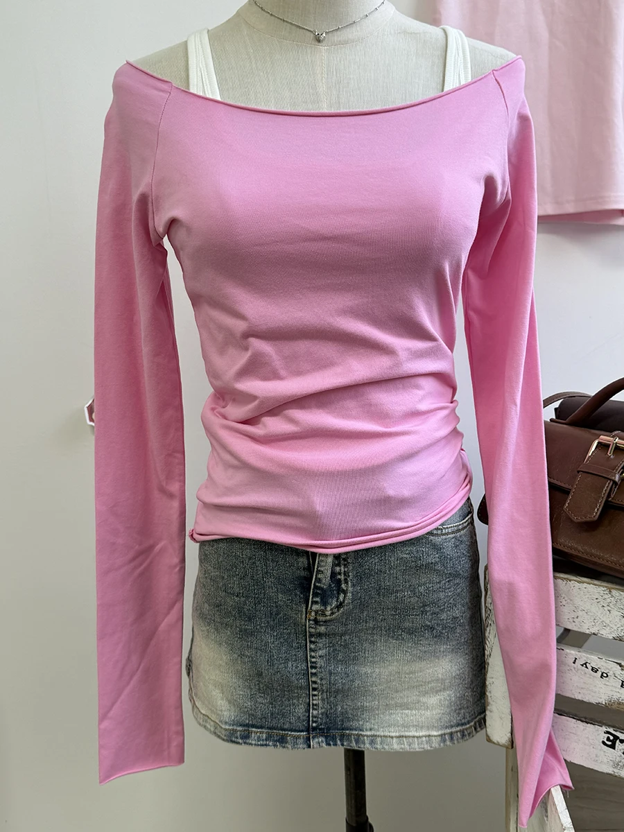 Camisetas de manga larga con dobladillo crudo rosa para mujer, Tops cortos informales de algodón ajustados con cuello redondo, camisetas bonitas Vintage dulces para mujer