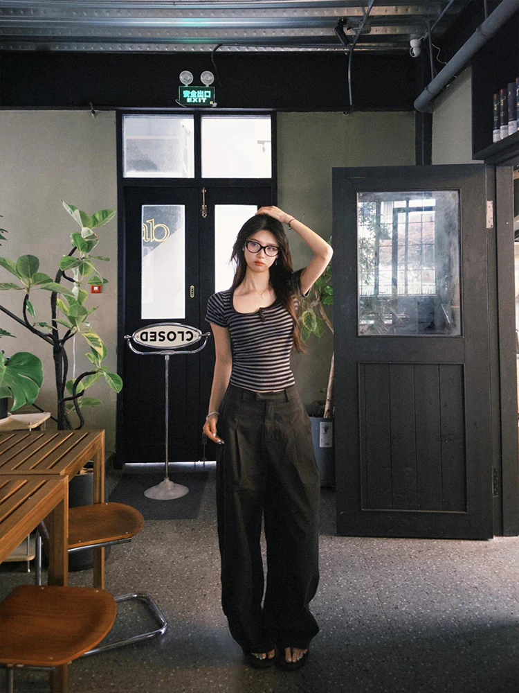 American Sle U-Ne Button Striped ort Sve T-shirt Donna Estate Colore Blo Giovane Retro Dimagrante Sexy ort Top