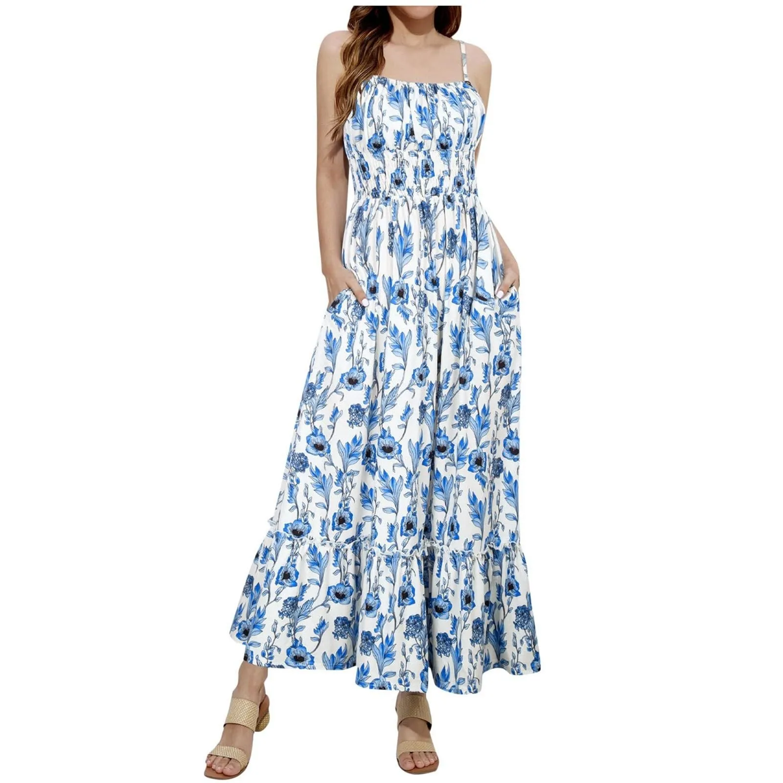 Womens Summer Maxi Dress Sleeveless Floral Spaghetti Strap Smocked Boho Beach Long Dress Beachwear For Vacation Women's Dress