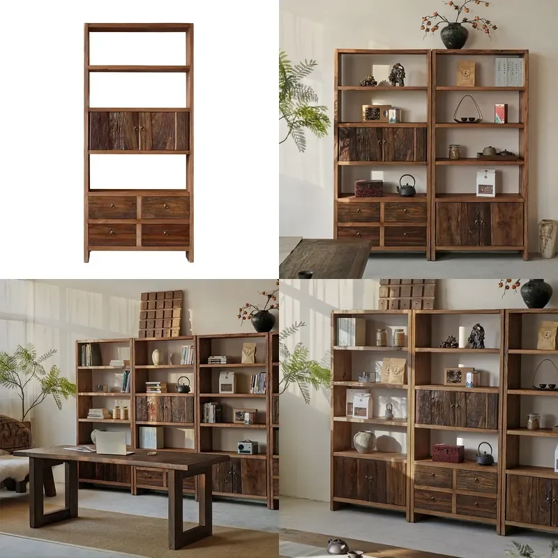 Rustic Solid Wood Display Cabinet Wabi Sabi Tea Room Storage Shelf Vintage Bookcase for Cup Collection Simple Home Decor