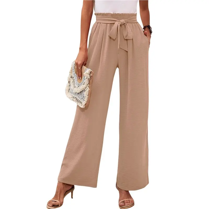 

CYL-Women's Wide Leg Lounge Pants With Pockets High Waisted Adjustable Tie Knot Loose Trousers