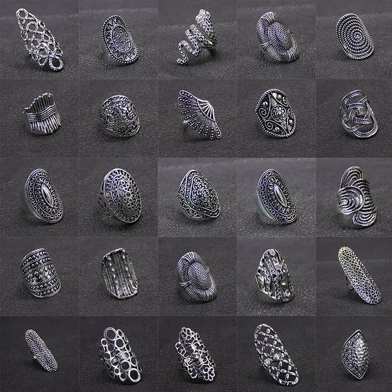 EKUSTYEE 20 أجزاء/وحدة سحر الذهب والفضة اللون الدائري للنساء نمط طويل خواتم خمر الأزياء والمجوهرات مزيج نمط #1