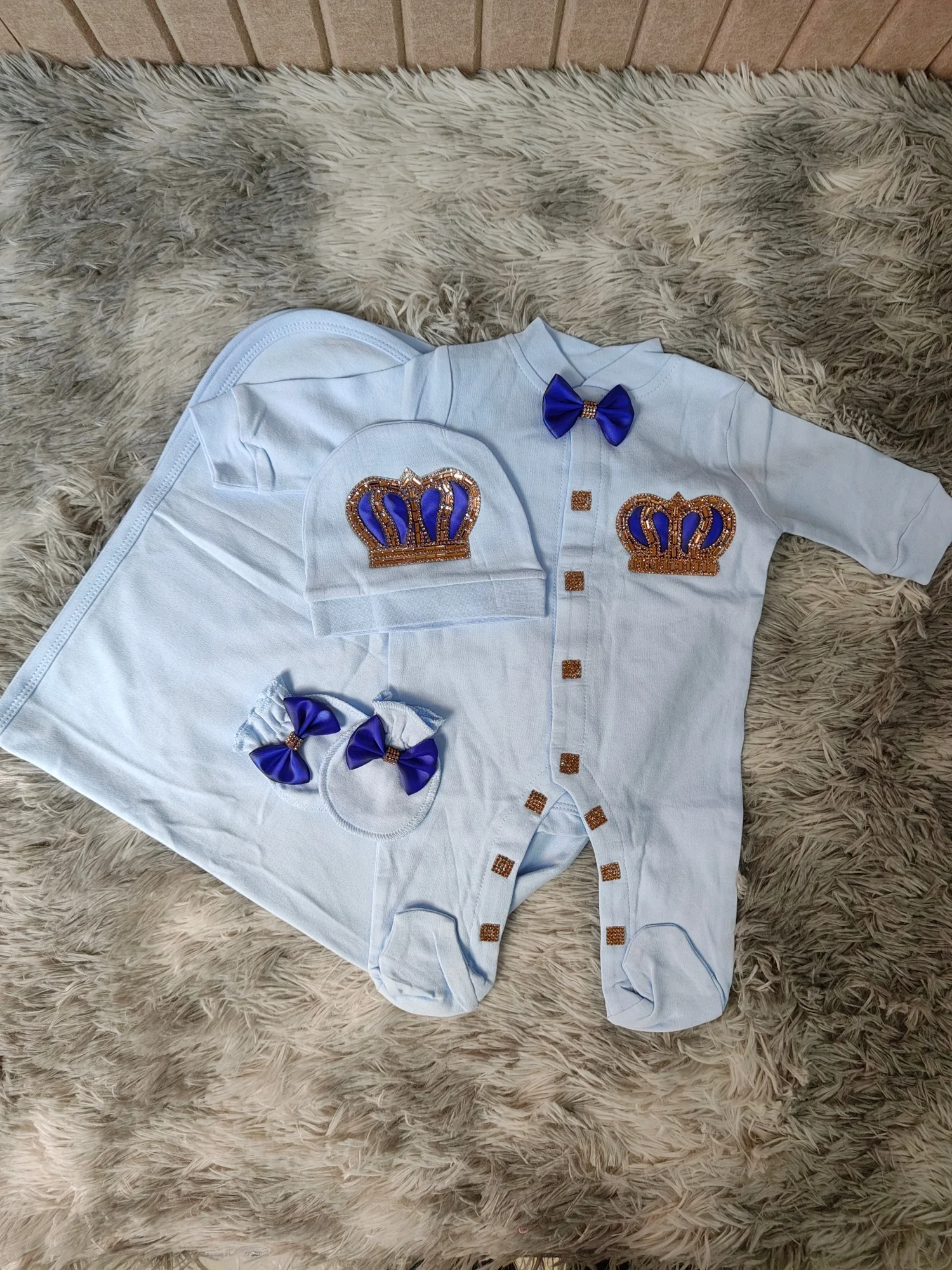 Baby Christening Baptism Prince Suit Newborn 0-9 Months 4Pcs Sky Blue Royal Blue Satin Bow Crown Cotton Swaddle Formal Luxury