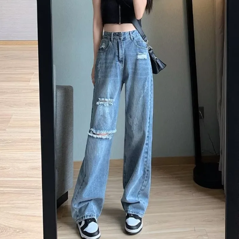 

High Waist Slimming Straight Leg Jeans Women's Summer Thin New Style Spicy Girl Hole Denim Pants Drapey Wide Leg Long Trousers