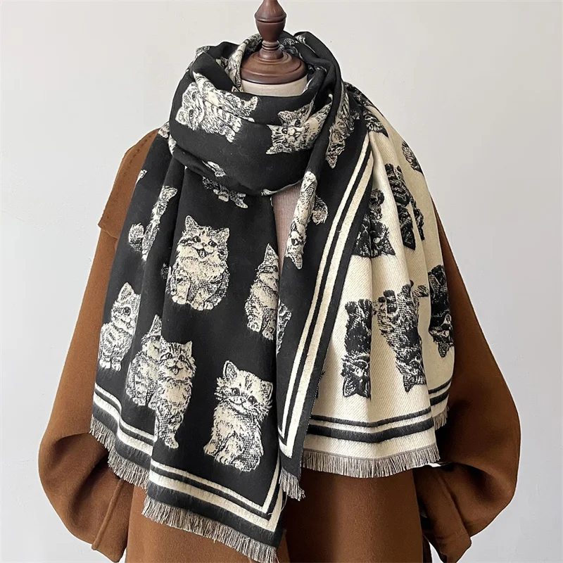 Winter Cashmere Scarf Pashmina Shawls Luxury Cat Print Women Warm Blanket Wraps Female Foulard Brand Thick Hijab Stoles 2024