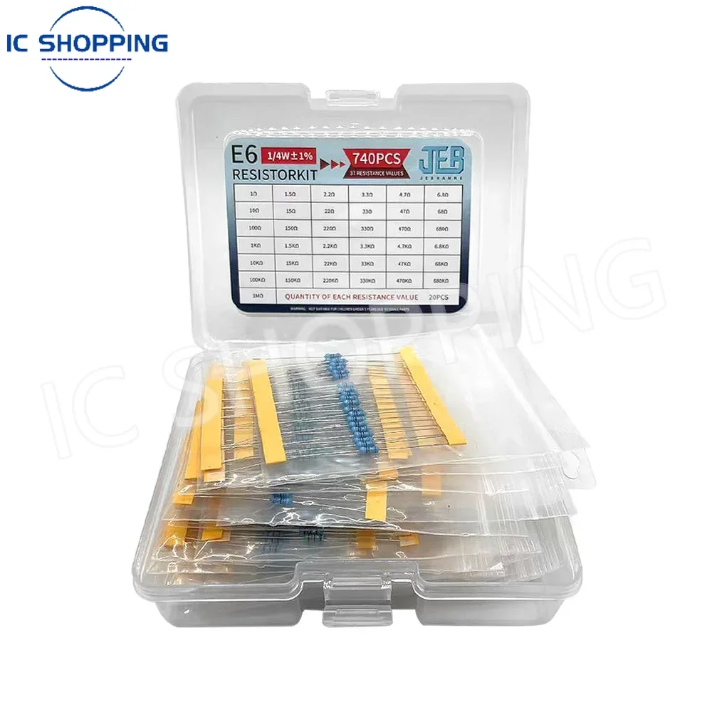 E6 Resistor Kit 37 Values 740PCS Resistor Assortment 1Ω~1MΩ 1/4W ±1% ±5% Metal Film Resistors for DIY Projects and Experiments