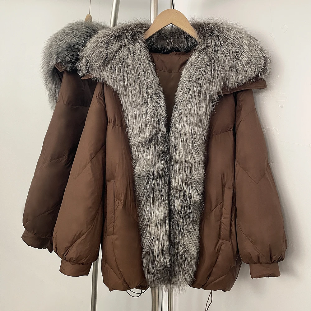 

Reality Fur Jacket Ladies Winter Women Short Puffer Coat Female Real Fox Fur Collar Loose White Duck Down Jacket Parka Outerwear