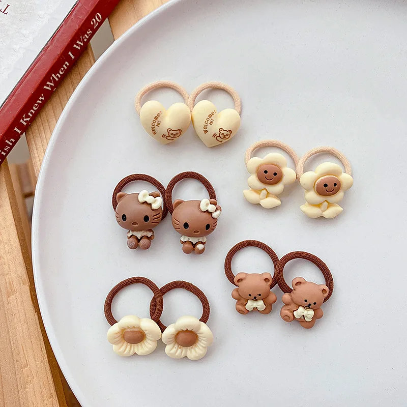 10Pcs/Set Girls Cute Flowers Little Bear Rubber Bands Elastic Hair Bands Kids Ponytail Holder Scrunchie Fashion Hair Accessories