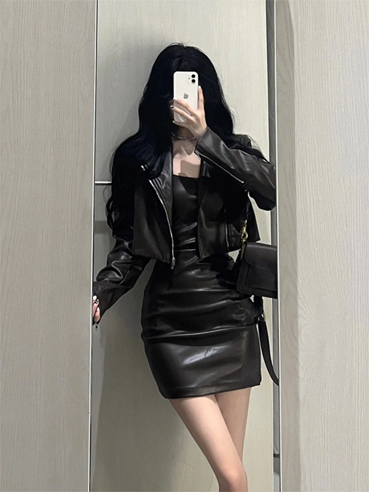 Short Black PU Leather Jacket Women's Fashionable Spring Autumn New Style Sexy Girl Style Loose Fit Ladies' Coat Zipper Closure