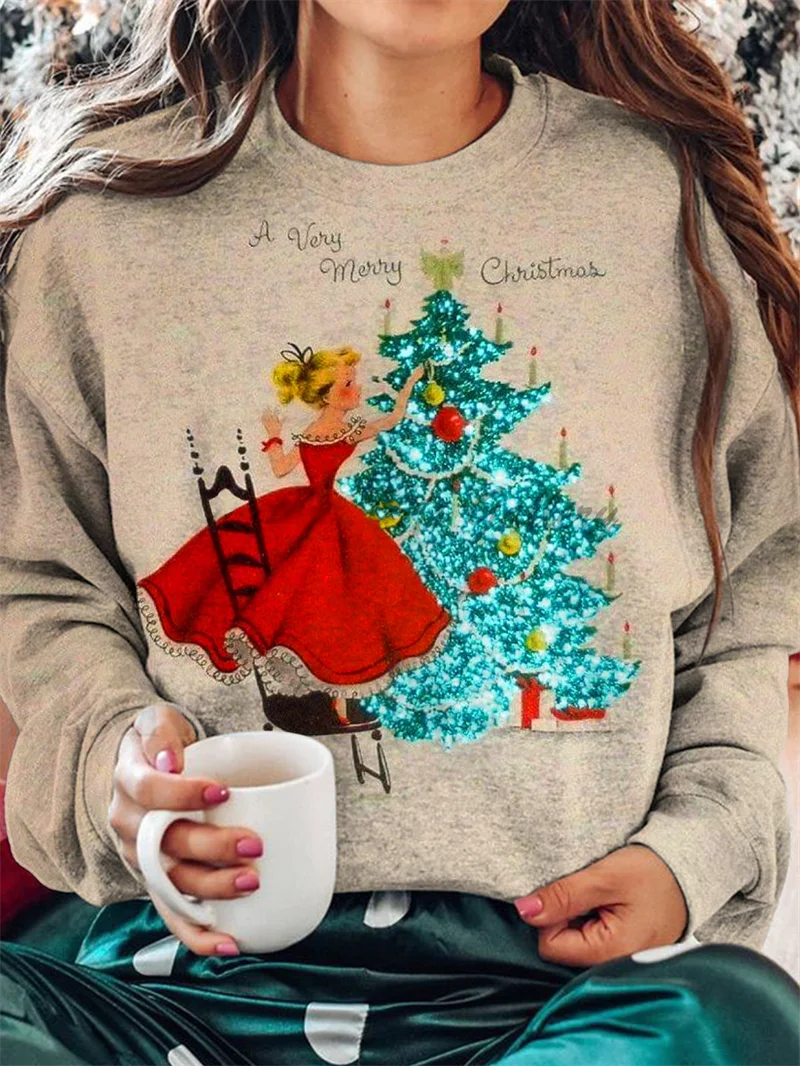 FashionableWomen\'s Elegant Christmas Hoodie Casual Loose Round Neck Long Sleeve Autumn/Winter Street Outdoor Christmas Tree 2024