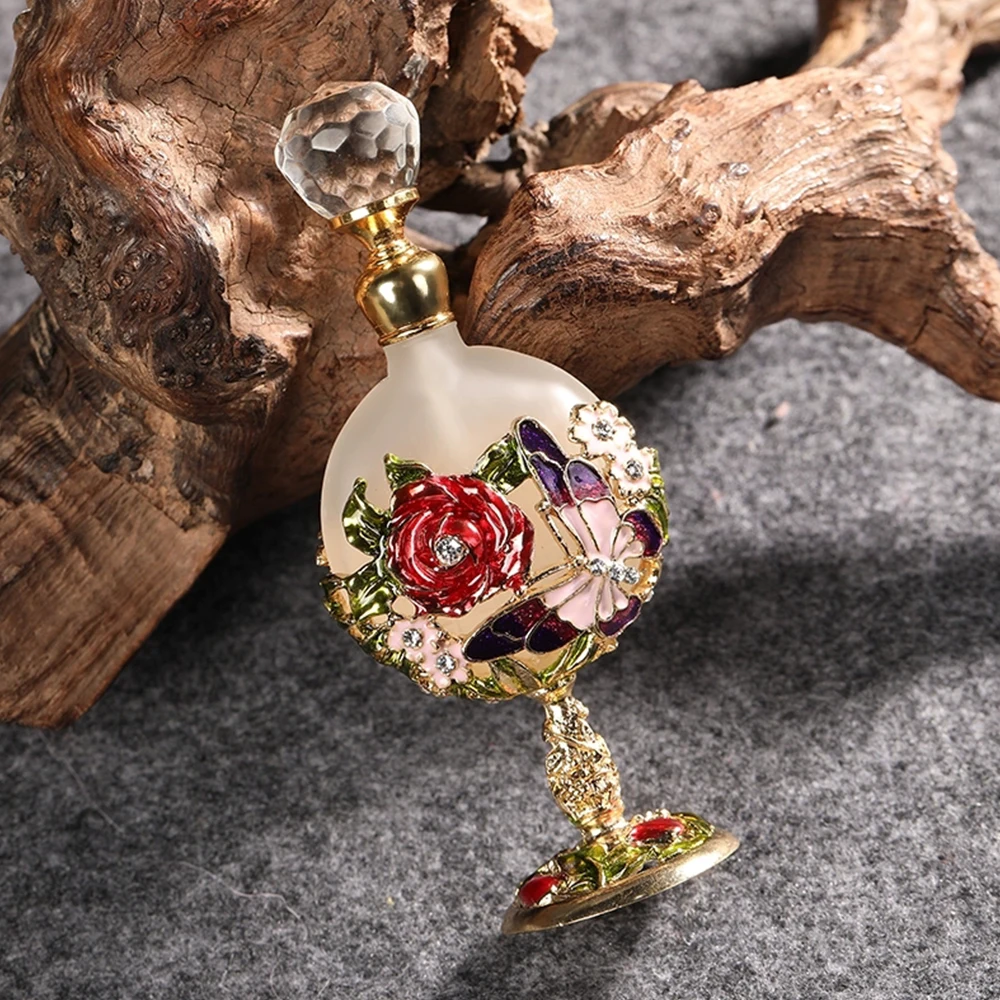 1pc 7ml Empty Vintage Perfume Bottle Golden Slime Container Rose&Butterfly Embossed Decor Crystal Cap Refillable Beauty Gift