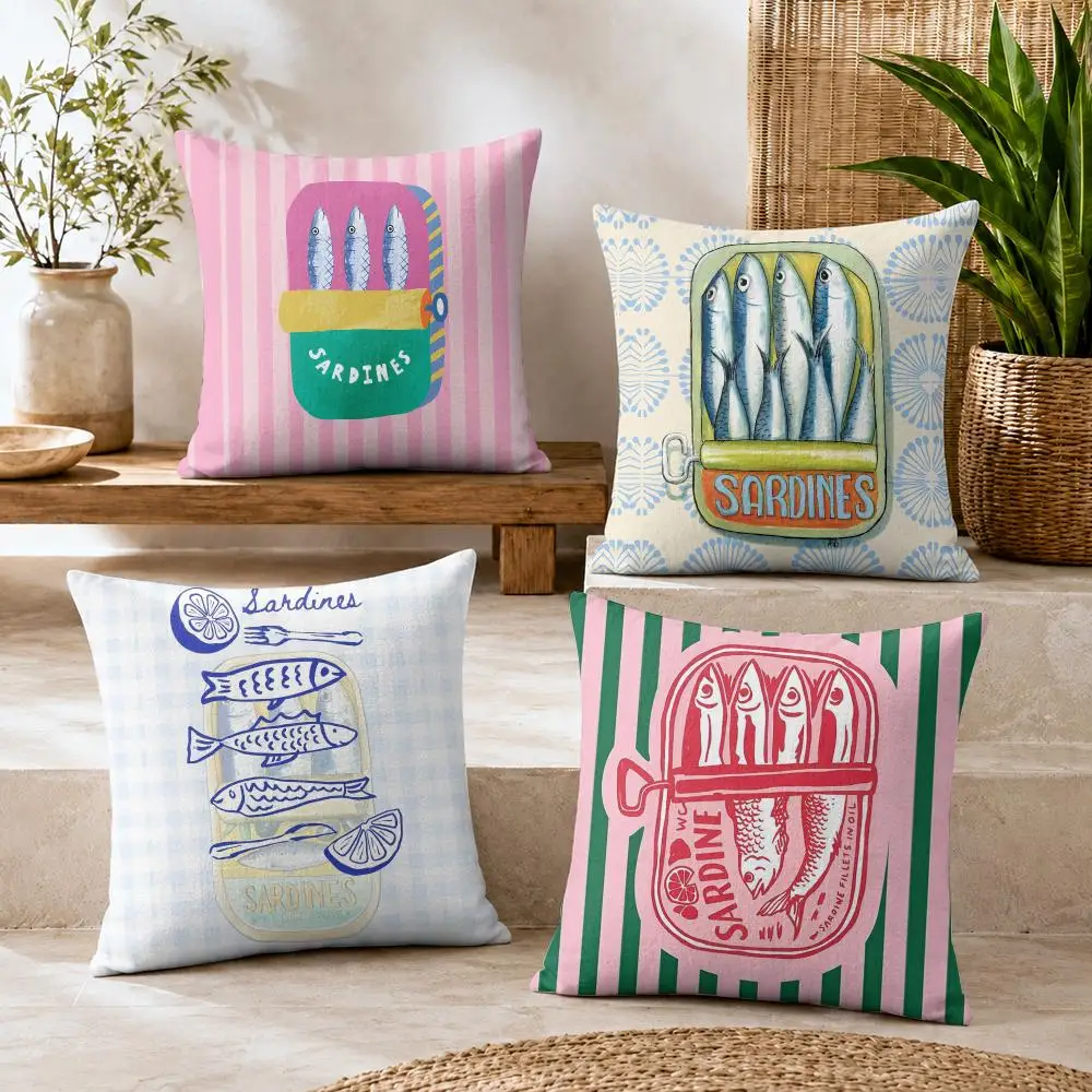 Bright Sardine Can On Pink Stripes Cushion Cover Short Plush Soft Double-Sided Printing Pillow Case Sofa Bedroom Home Decor Gift