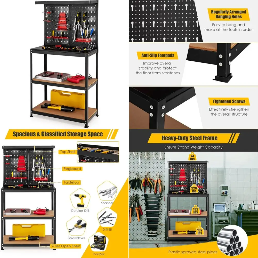 منضدة عمل معدنية شديدة التحمل مقاس 32 × 16 مع لوح بيجبورد وأرفف سفلية وملحقات تعليق لتخزين الأدوات #1