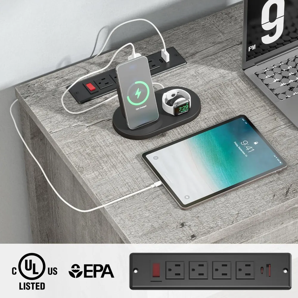 "47" grey home office desk with file drawer and charging station for executive workstation